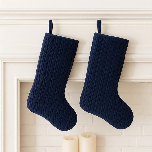 Hobby Lobby Navy Quilted Christmas Stockings 20” Set of 2 Plush Textured NWT - Picture 1 of 8